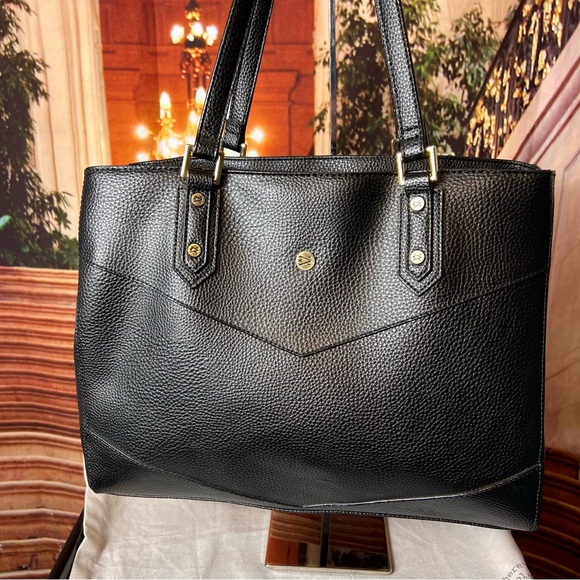 Travanti Large Black Faux Leather Tote Commuter Bag, gold hardware, 15x12x6 - Picture 7 of 15